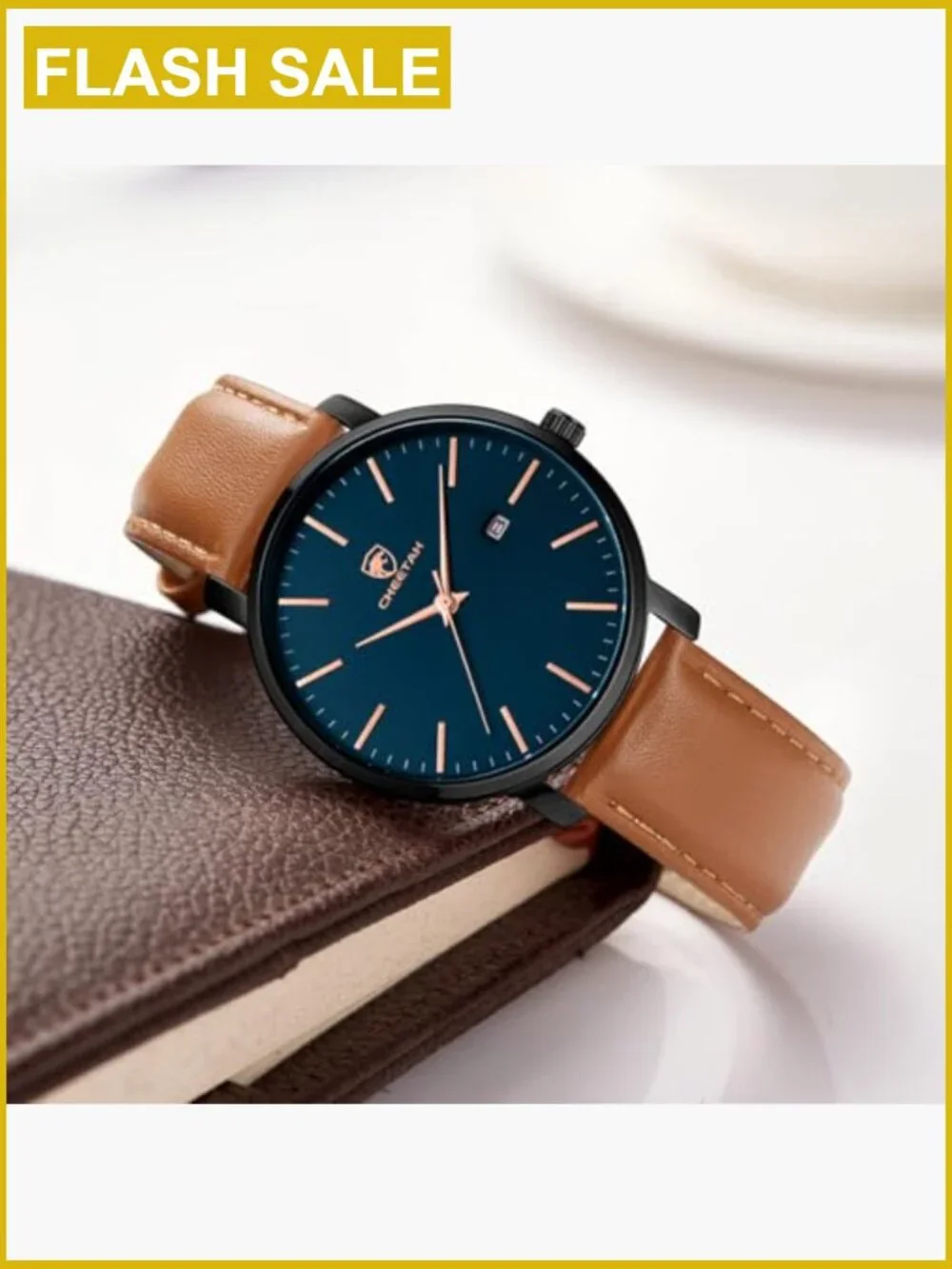 Men's Minimalist Quartz Watch with Leather Strap, Blue Dial